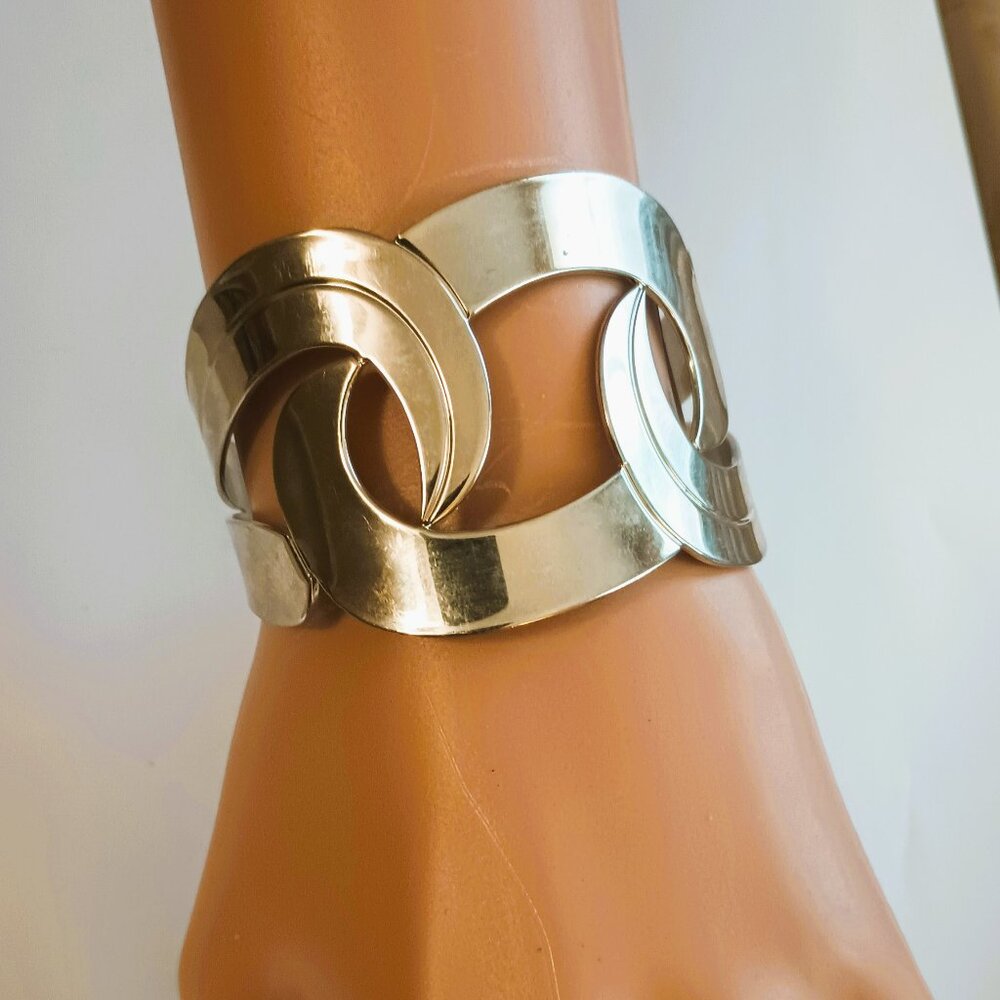ATI Swirl Statement Cuff Bracelet 7" Silver Tone Etched Boho Jewelry